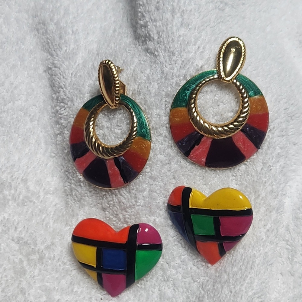 Vintage Earring lot Retro 80s 90s Colorful Heart Studs and Drop Hoops